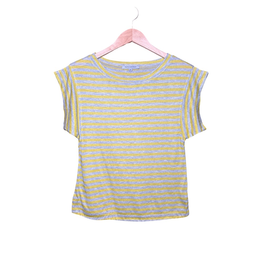 People Like Frank Womens Small Yellow Gray Striped Cap Sleeve Scoop Neck T-Shirt